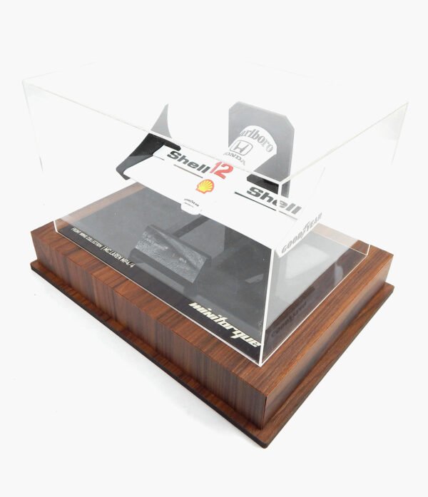 FRONT SENNA AMADEIRADA 04 Miniatura FrontWing F1 MP4/4 Com Expositor Acrílico 26cm de Comprimento