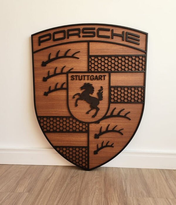 Quadro Decorativo Dupla Camada Brasão Porsche Amadeirado 80x62 Premium