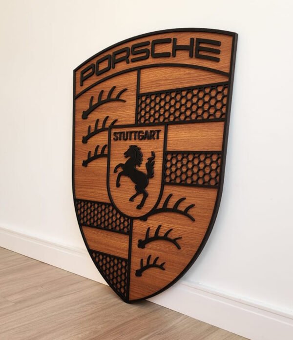 Quadro Decorativo Dupla Camada Brasão Porsche Amadeirado 80x62 Premium