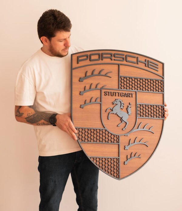 Quadro Decorativo Dupla Camada Brasão Porsche Amadeirado 80x62 Premium