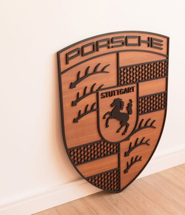 Quadro Decorativo Dupla Camada Brasão Porsche Amadeirado 80x62 Premium