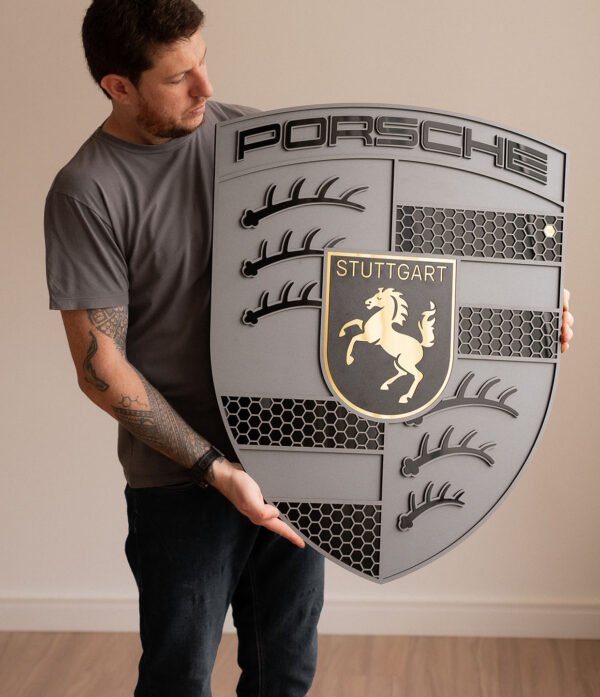 Quadro Decorativo Turbonite Gray Limitado Tripla Camada Logo Porsche 80x62cm Alto Padrão Premium Automotivo